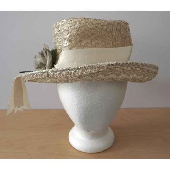 Vintage Straw Off White Hat w/ Ivory Ribbon Fabric Rose Garden Party Derby Chic main image 4